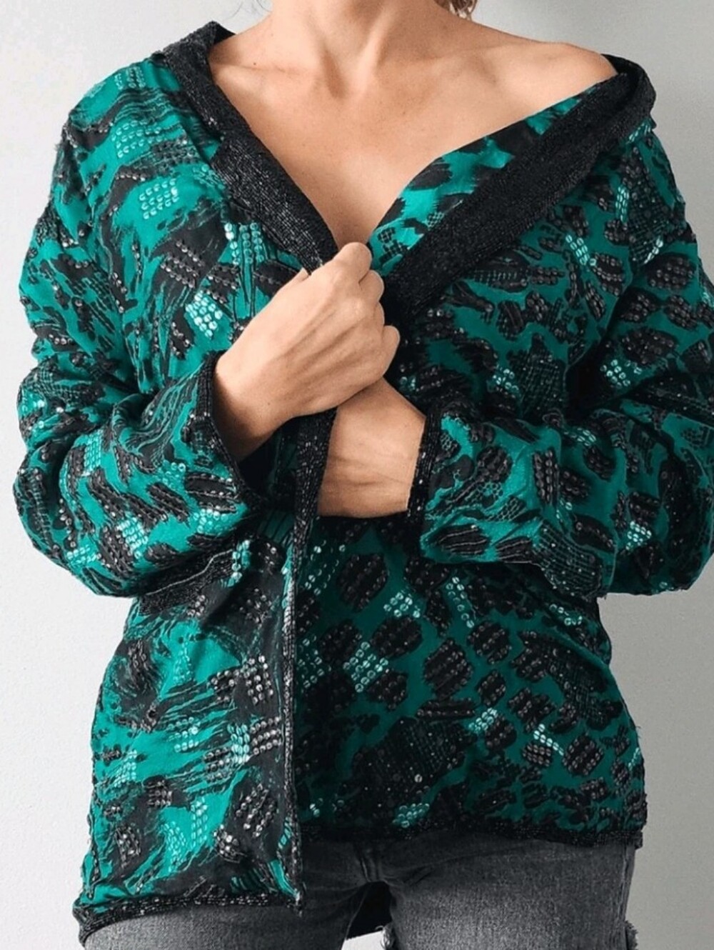 Judith Ann Creations Inc Beaded Sequin 100% Silk Evening/Opera Jacket Green Sz L